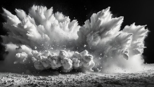 Eccentric explosion cloud against black background with scattering white dust particles