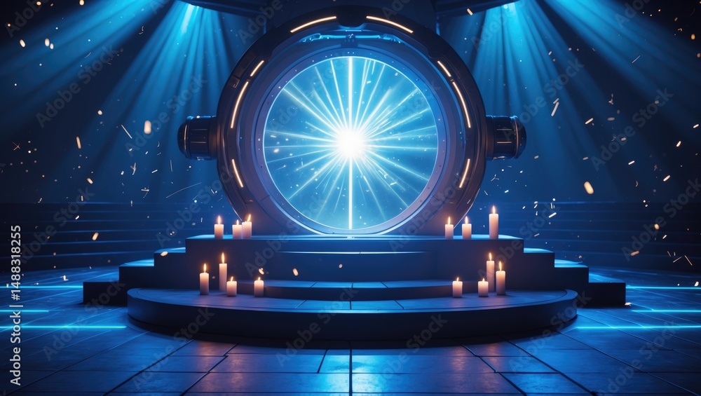 Poster futuristic teleportation. enchanted fantasy gateway. luminescent effect. rays from blue candles in a