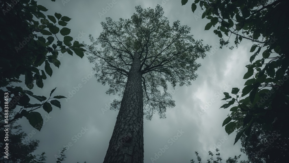 Aufkleber looking upward from the foot of a large tree with a textured bark and leaves on its branches in a cl