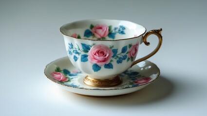 Empty vintage cup and saucer featuring rose design isolated on white