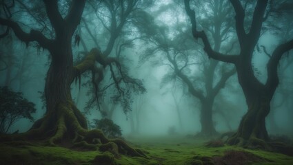 Stunning image of an enigmatic forest shrouded in mist and fog
