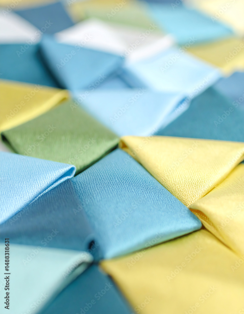 Poster colorful fabric squares arranged in a geometric pattern, showcasing various textures and hues, creat