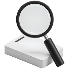 Magnifying glass over a stack of white cards isolated on a transparent background