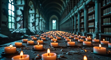 Melted candle stubs lined on a shelf within a ruined library