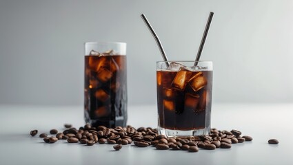 Summer-style iced coffee beverage with straw, beans, and vibrant background