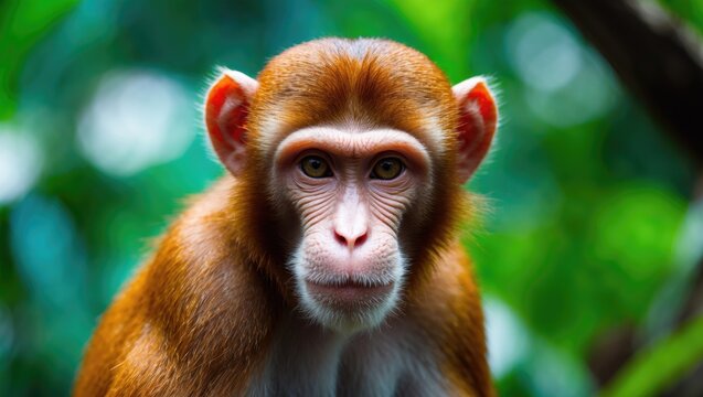 Image of Red tail monkey, also known as guenon ape, set against a green backdrop.