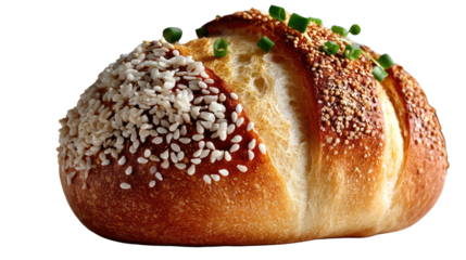 Artisan Bread: A close-up shot of an expertly crafted bread loaf, its crust adorned with sesame seeds and chives, promises a delightful culinary experience.