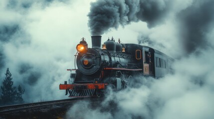 Vintage steam locomotive emerging from mist, evocative of a bygone era