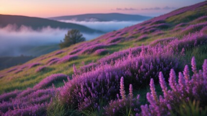 Obraz premium Foggy sunrise over grassy hills featuring a thyme field. Stunning scenery in the Carpathian mountains.