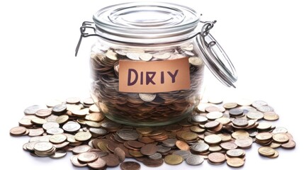 Glass Jar Filled with Coins and Labeled 'DIRIY', Surrounded by Scattered Coins