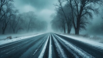 Navigating Challenging Weather on Slippery, Snow-Covered Roads with Rain, Ice, and Sleet. Suitable for Safety Campaigns, Travel Advisories, Broadcast News, etc., with Space for Text.