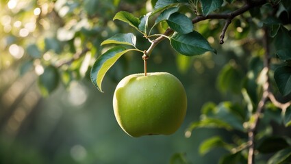 A green apple suspended in the tree; a highly nutritious fruit offering various health advantages, aids in weight loss, enhances gut and brain health; it also represents knowledge, immortality,