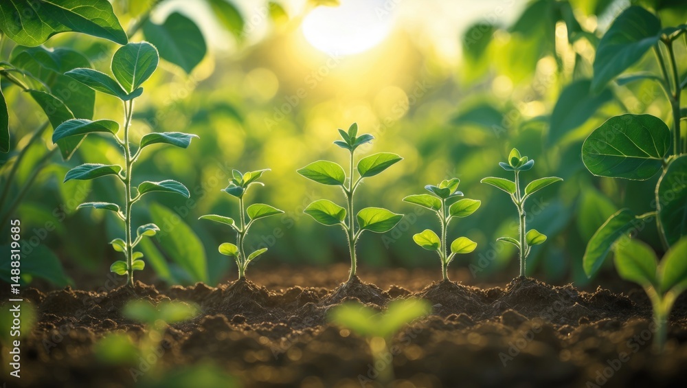 Poster soybean development on farm surrounded by green leaf background