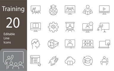 Training Editable Line Icons Set. internet, coach, learning, group, education related icons, and more. Vector illustration