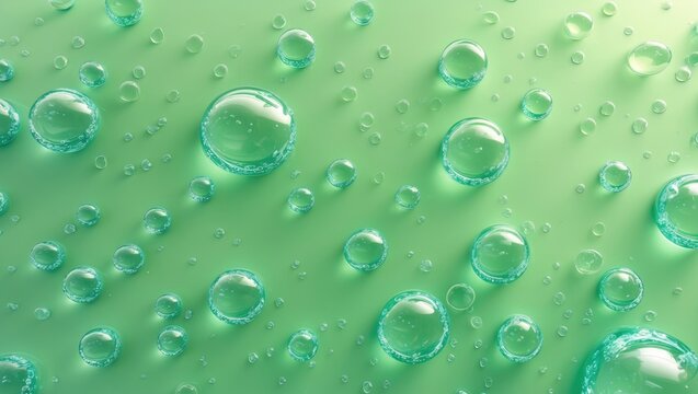Close-up view of air bubbles on a stunning light green backdrop. Abstract macro imagery.