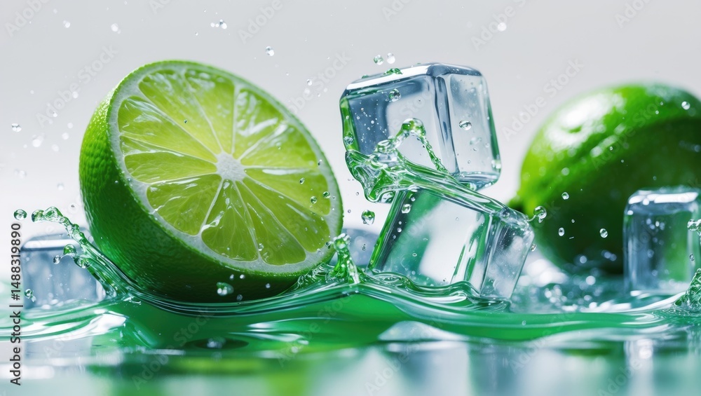 Poster ice cubes and water splashing with limes