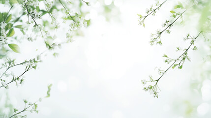 Soft focus image of delicate spring blossoms on slender branches, creating a gentle, ethereal frame.