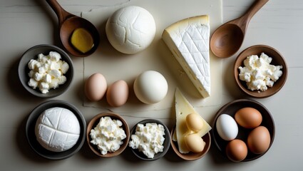 Dairy items displayed on a table from above