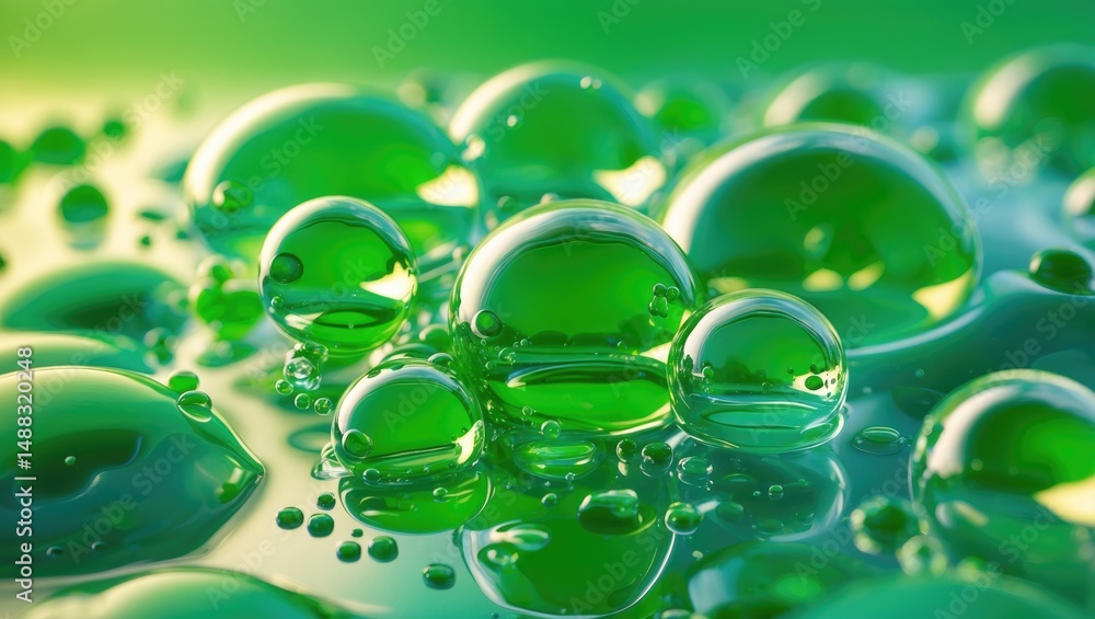 Poster green oil droplets in water. bubbles of various sizes on an abstract backdrop