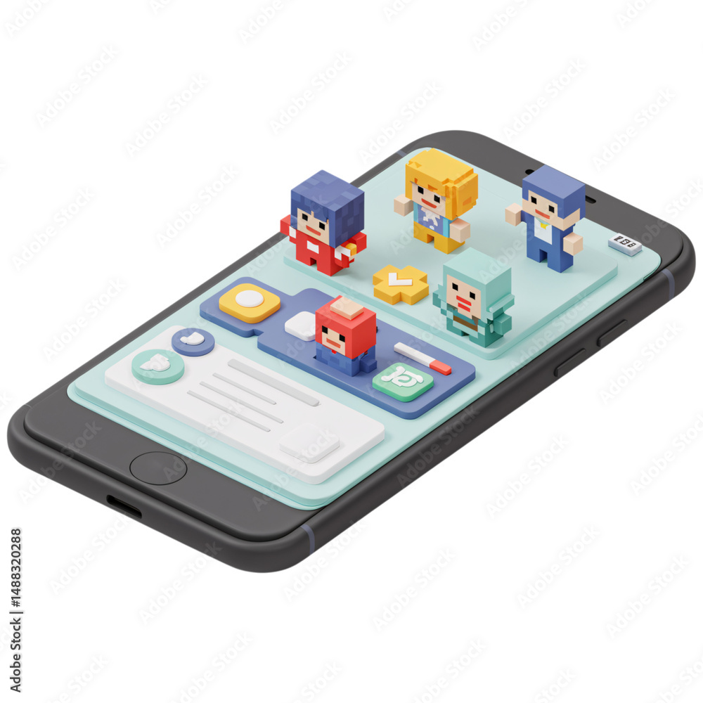 Poster isometric smartphone with pixel art characters isolated on a transparent background