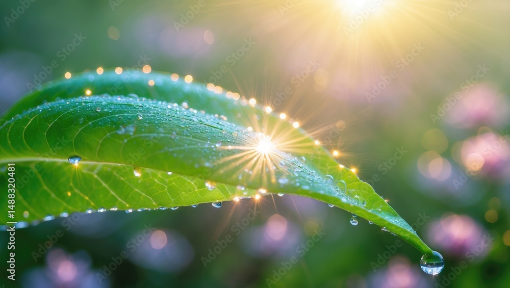 Aufkleber springtime in a natural environment. a beautiful scene where a large water droplet glistens on a lea