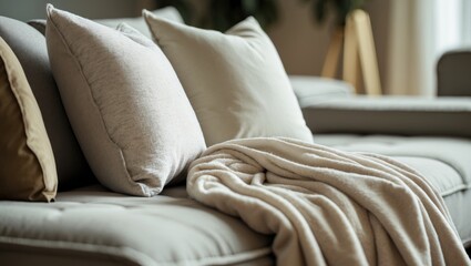 Close-up of pillows and blanket on a contemporary soft sofa in the living room. Relaxation theme. Comfort at home. Apartment interior features.