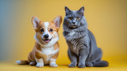 Cat and dog side by side, staring at the camera, isolated on a yellow backdrop