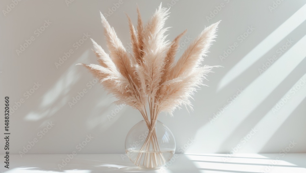 Poster A bunch of dried grass on a white table in front of a simple wall. Minimal style mockup.