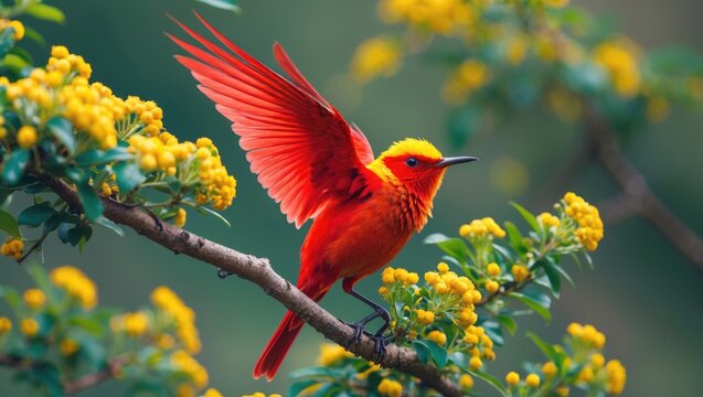 A brilliantly hued honeycreeper is shown in this image, collecting nectar from yellow flowers on shrubs and taking flight to another one.