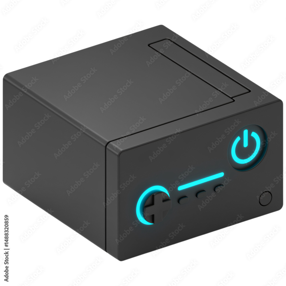 Poster black game console with glowing blue buttons isolated on a transparent background