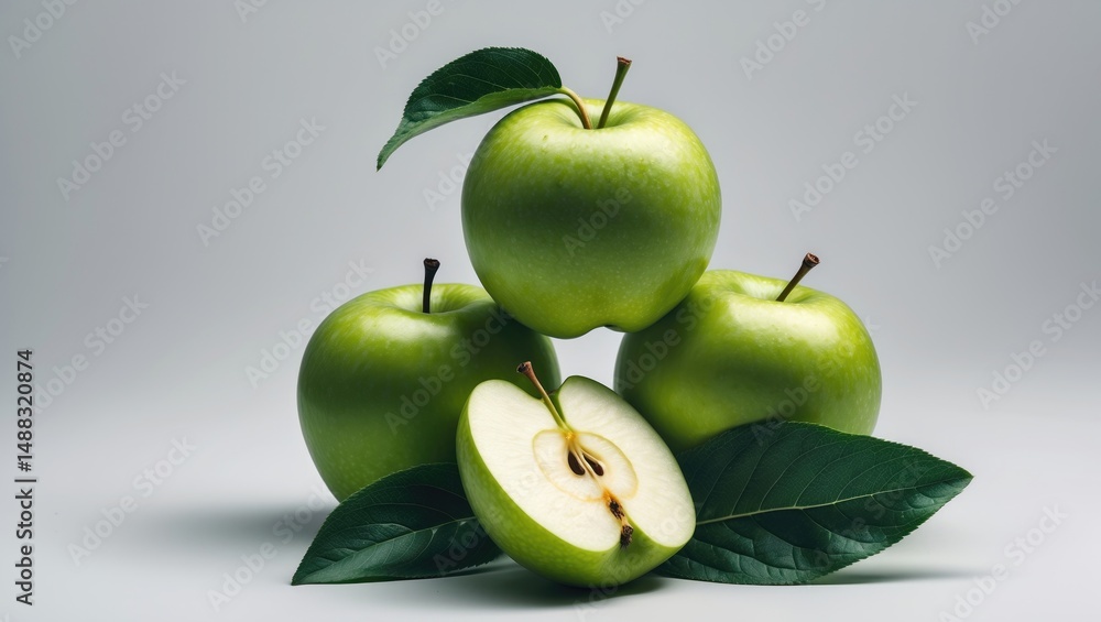 Poster cluster of mature green apple fruits with a slice and leaf set against a background