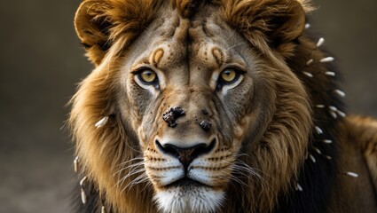 Naklejka premium Elderly male lion with injured lip and porcupine quills embedded in skin looking at the camera