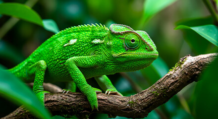Obraz premium Vibrant Green Chameleon Perched in Natural Habitat