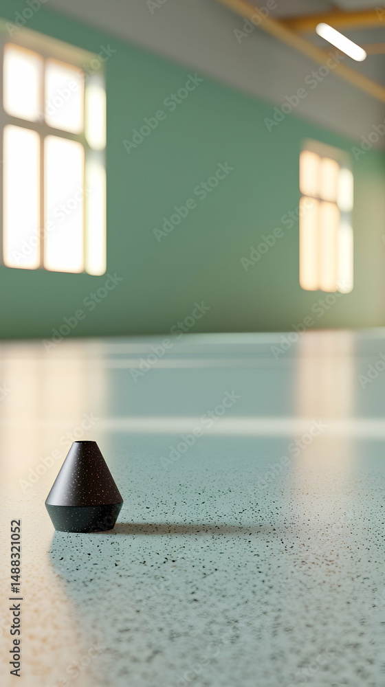 Sticker minimalist cone object on glossy floor, empty school corridor background. use product display, inter