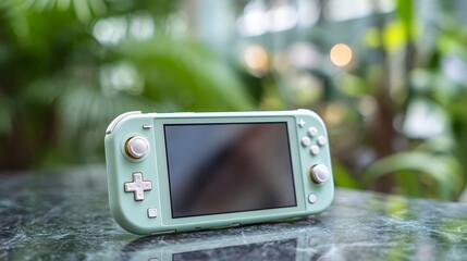 Modern Handheld Gaming Device on Table in Lush Greenery Background