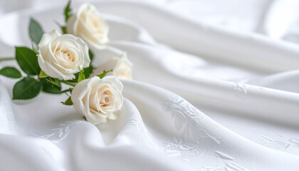 Obraz premium Elegant white roses arranged on a soft, white fabric, creating a serene and romantic atmosphere