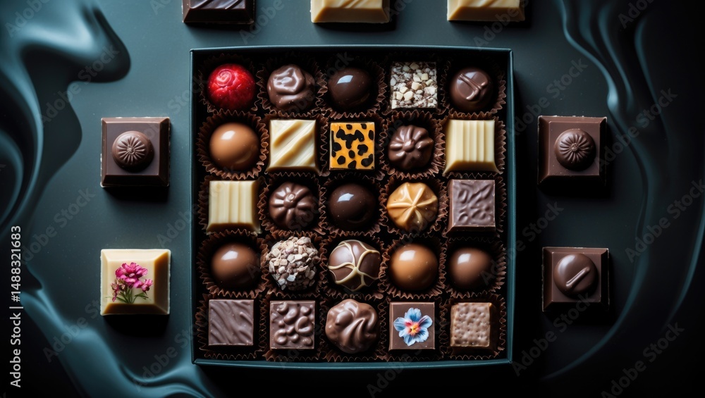 Poster A box containing different chocolate pralines - captured from above