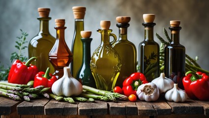 Vegetables and olive oil bottles displayed on a wooden table