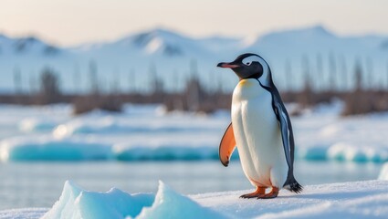 Obraz premium A penguin in the winter landscape, perched on an iceberg, illustrating coldness, accompanied by a photo of a lone bird on a white surface