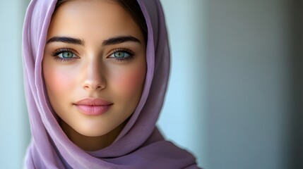 Middle Eastern woman with olive skin and striking eyes, wearing a stylized lilac hijab and modern clothing
