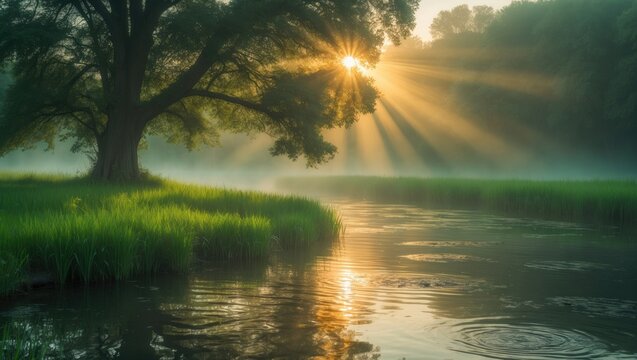 Stunning misty river surrounded by vibrant green grass under sunlight. Sunlight filters through trees. Striking colorful landscape. Seret river, Ternopil. Ukraine, Europe. Beautiful world.