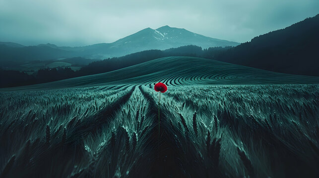 Lone poppy in a green field, mountains in background, moody landscape, nature photography