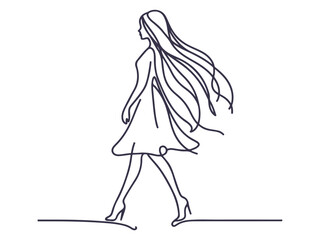 Elegant One-Line Drawings of Women Walking in Fashionable Outfits – Minimalist Female Line Art Illustration Set.