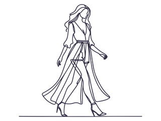 Fototapeta premium Elegant One-Line Drawings of Women Walking in Fashionable Outfits – Minimalist Female Line Art Illustration Set.