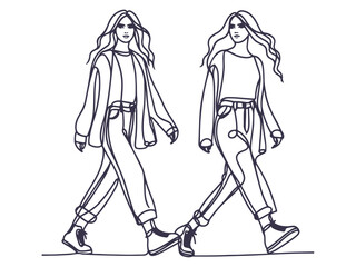 Elegant One-Line Drawings of Women Walking in Fashionable Outfits – Minimalist Female Line Art Illustration Set.