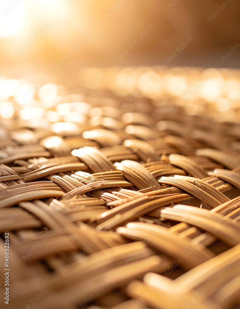 Poster close-up of a woven surface illuminated by warm sunlight, showcasing intricate patterns and textures