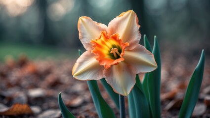 Fototapeta premium Blooming Daffodil with Vibrant Orange Petals in Spring