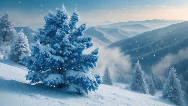 Picturesque landscape of snow-laden Blue Atlas Cedar trees in the mountains
