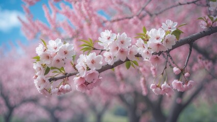 Detailed view of pink cherry blossom blooms on a tree limb with green foliage. Blurred backdrop of flowering trees. Nature theme. Blossoms at peak bloom.
