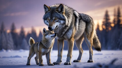 Obraz premium A seasoned wolf mentor guides its pup to howl in a cold, outdoor setting